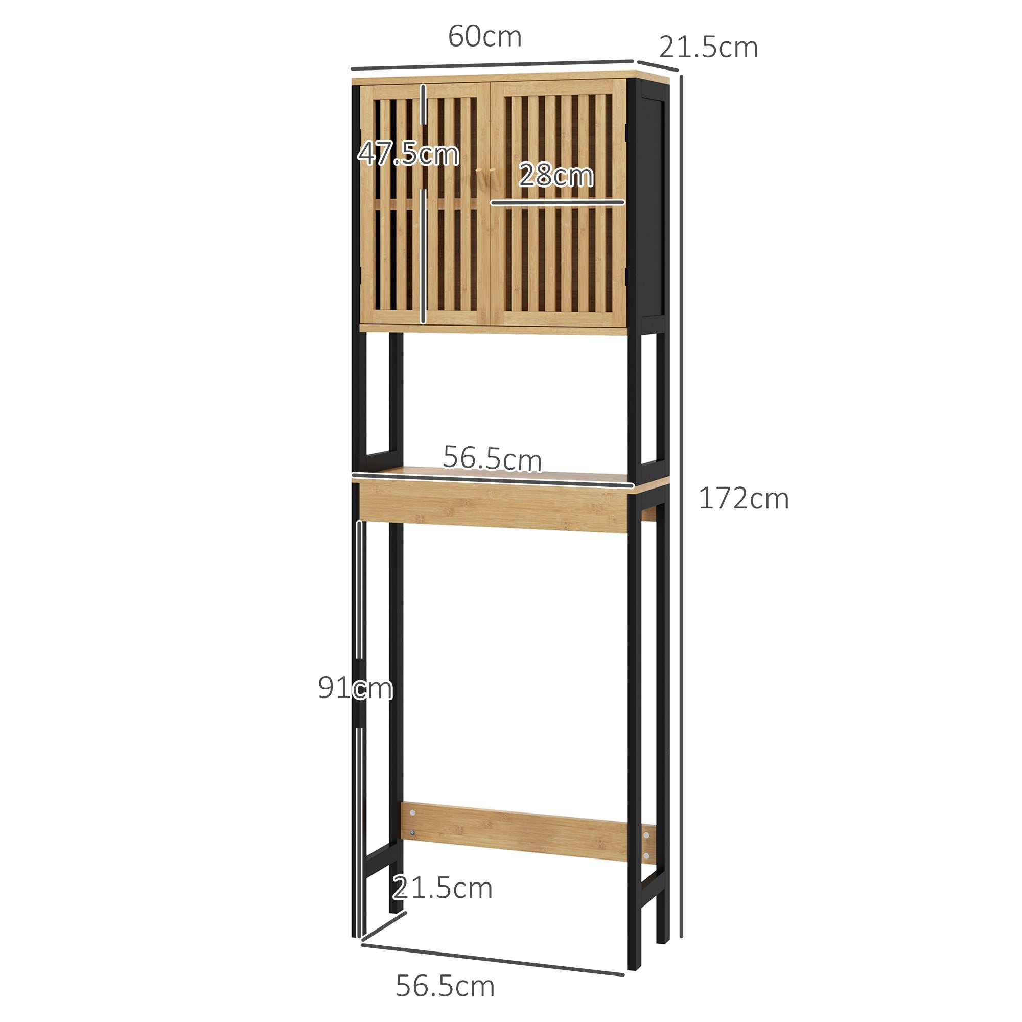 Mobile Sopra WC con Armadietto 2 Ante a Doghe e Ripiano Aperto 60x21,5x172 cm in Bambù e MDF Legno Naturale e Nero