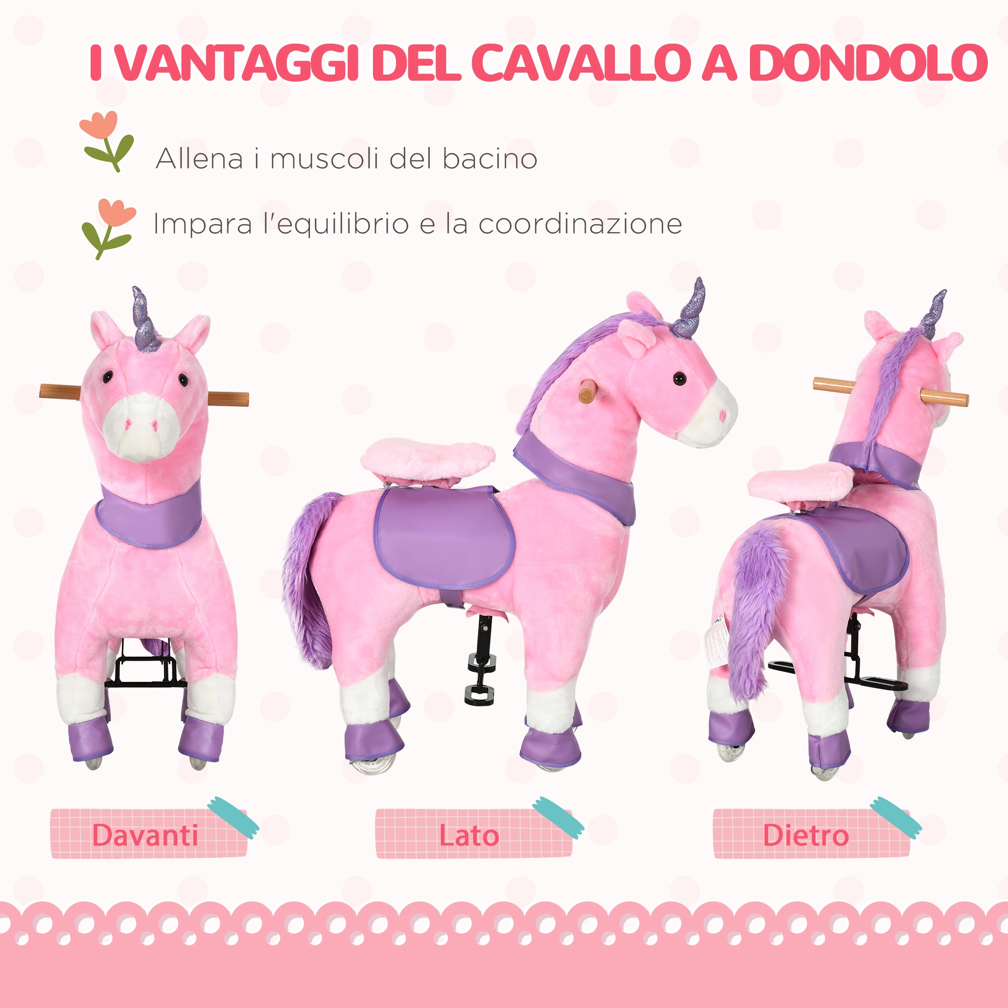 Cavallo a Dondolo per Bambini 70x32x87 cm con Ruote a Forma di Unicorno Rosa