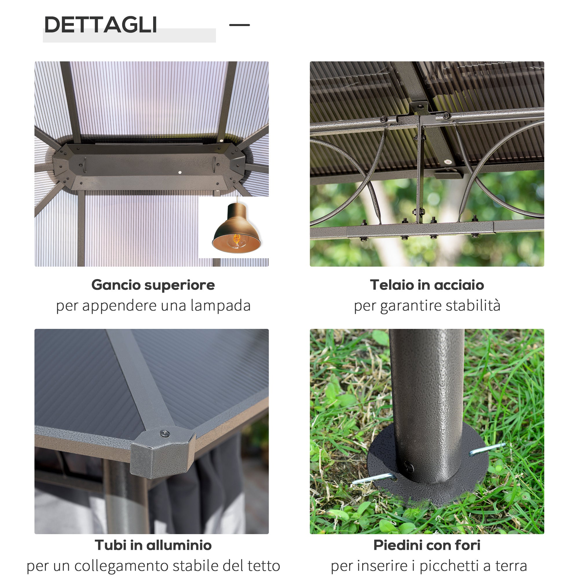 Gazebo da Giardino 3,6x3m Tetto in Policarbonato Grigio