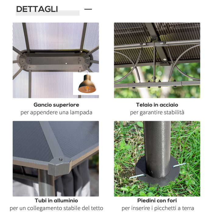 Gazebo da Giardino 3,6x3m Tetto in Policarbonato Grigio