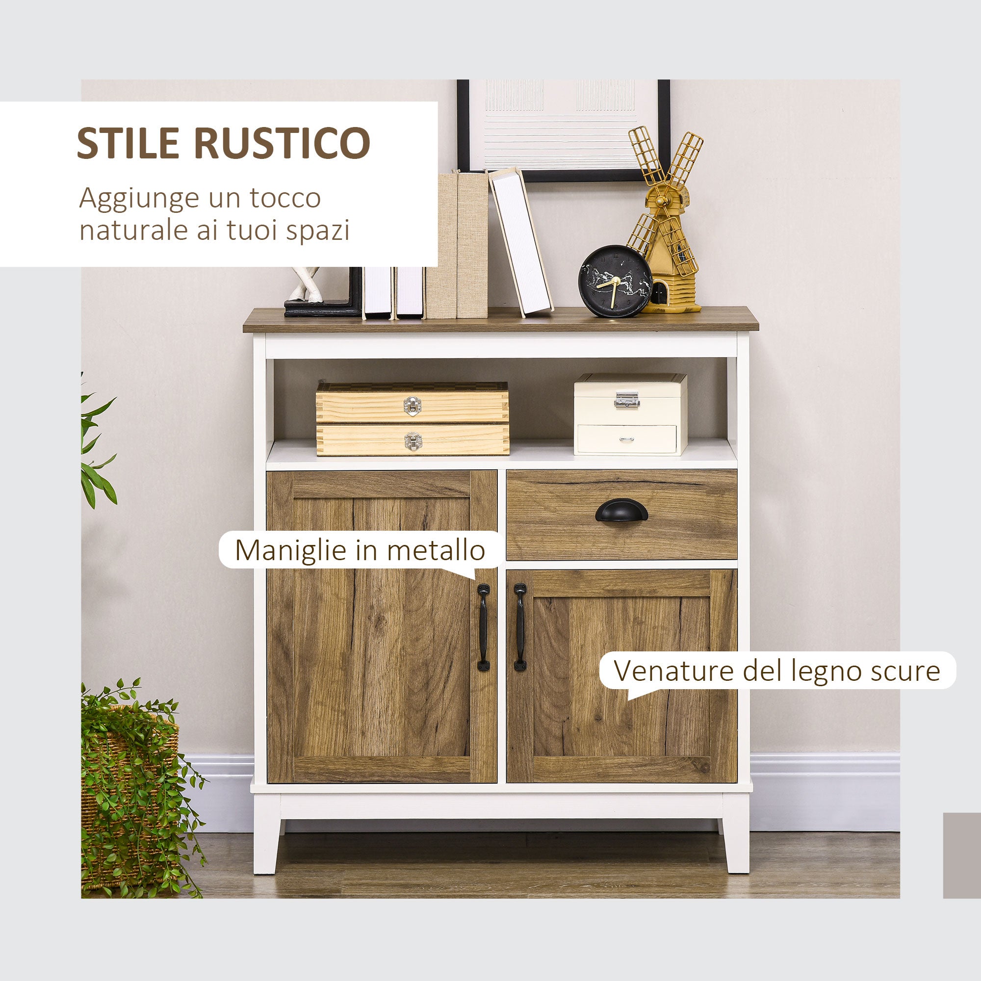 Credenza 2 Ante 1 Cassetto 76,6x 35x 81,5 cm in Legno Truciolare Bianco e Marrone