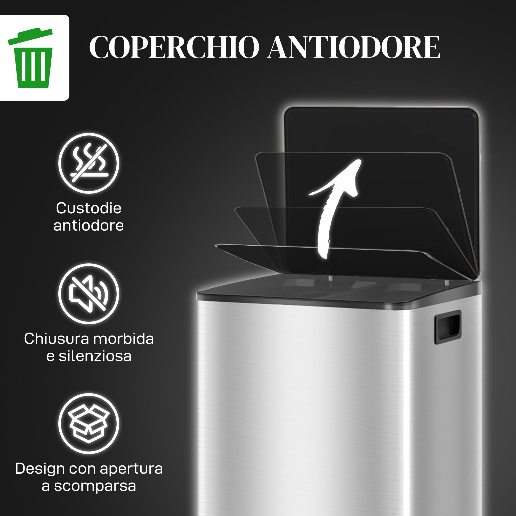 Pattumiera a Pedale 2 Sezioni 30L 47,7x37,5x66,8 cm in Acciaio Inox e PP