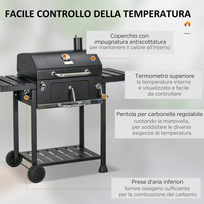 Barbecue a Carbone Griglia Regolabile con Coperchio Ruote e Tavolini Nero