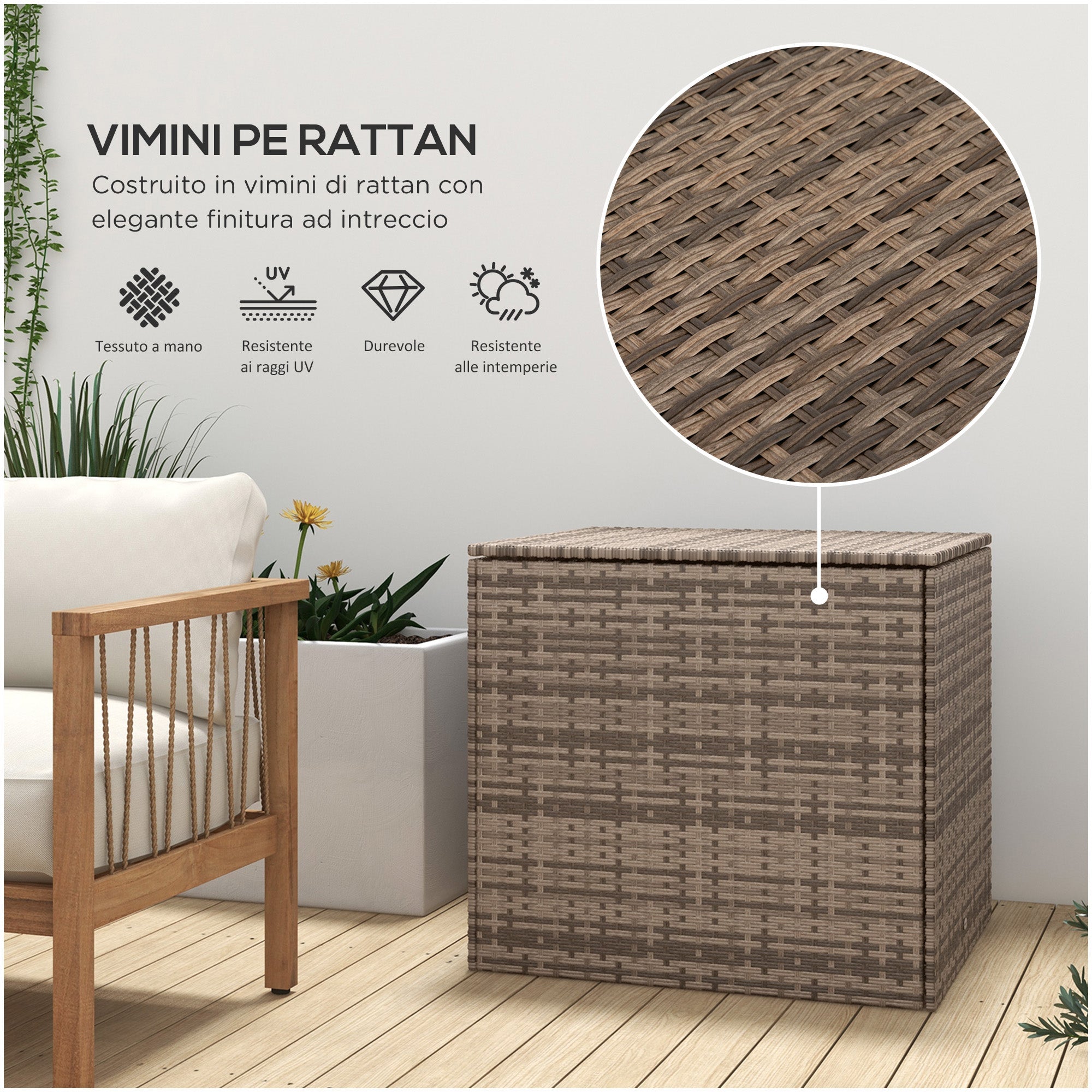 Baule da Esterno in Rattan PE e Acciaio con Fodera Interna 75x75x70 cm Nero e color Sabbia