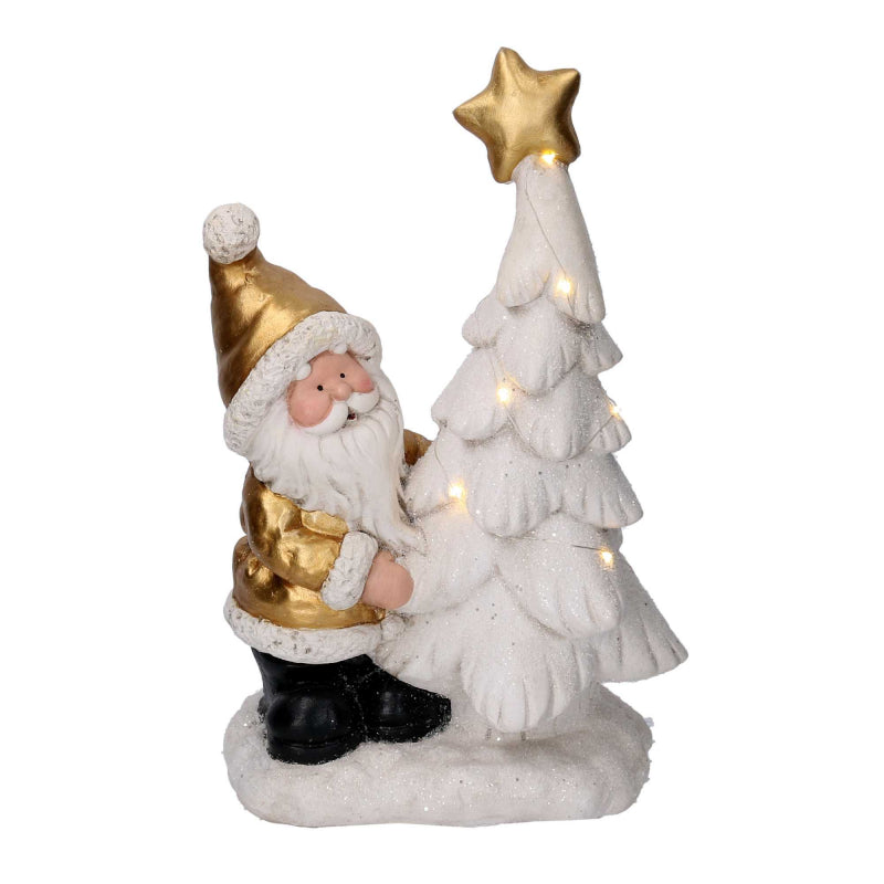 Babbo natale resina con albero e led bianco e oro cm29x17,5h45