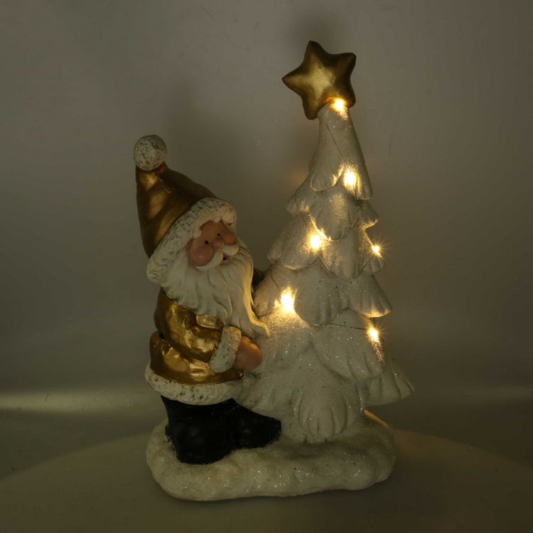 Babbo natale resina con albero e led bianco e oro cm29x17,5h45