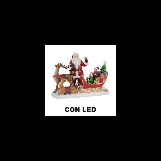 Babbo natale resina led con renna e slitta rosso cm38,5x17,5h27