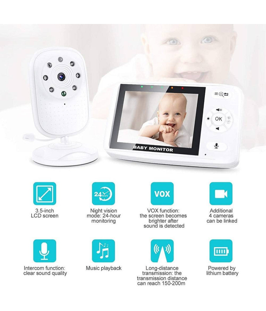 Baby Monitor Videocamera Schermo 3.5" Wireless Con Fotocamera Visione Notturna         