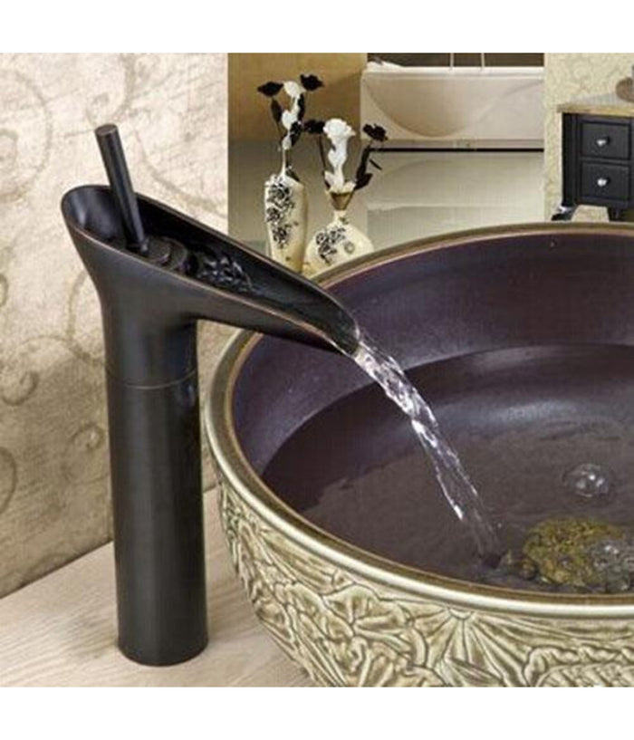 Bagno Lavandino Lavabo Miscelatore Rubinetto Ottone Nero Cascata Basso         