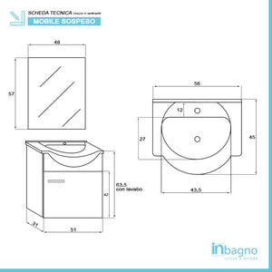 Mobiletto bagno sospeso 56x45 cm 1 anta grigio con lavandino e specchio inclusi