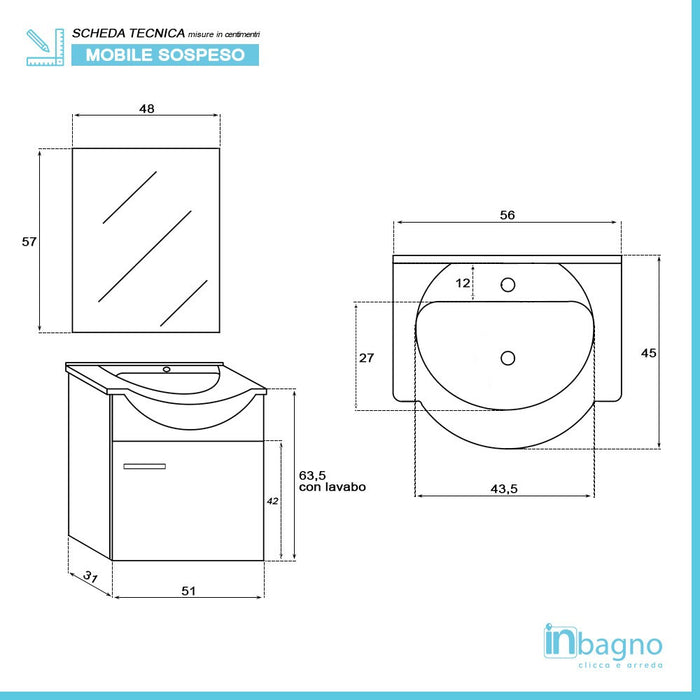 Mobiletto bagno sospeso 56x45 cm 1 anta grigio con lavandino e specchio inclusi