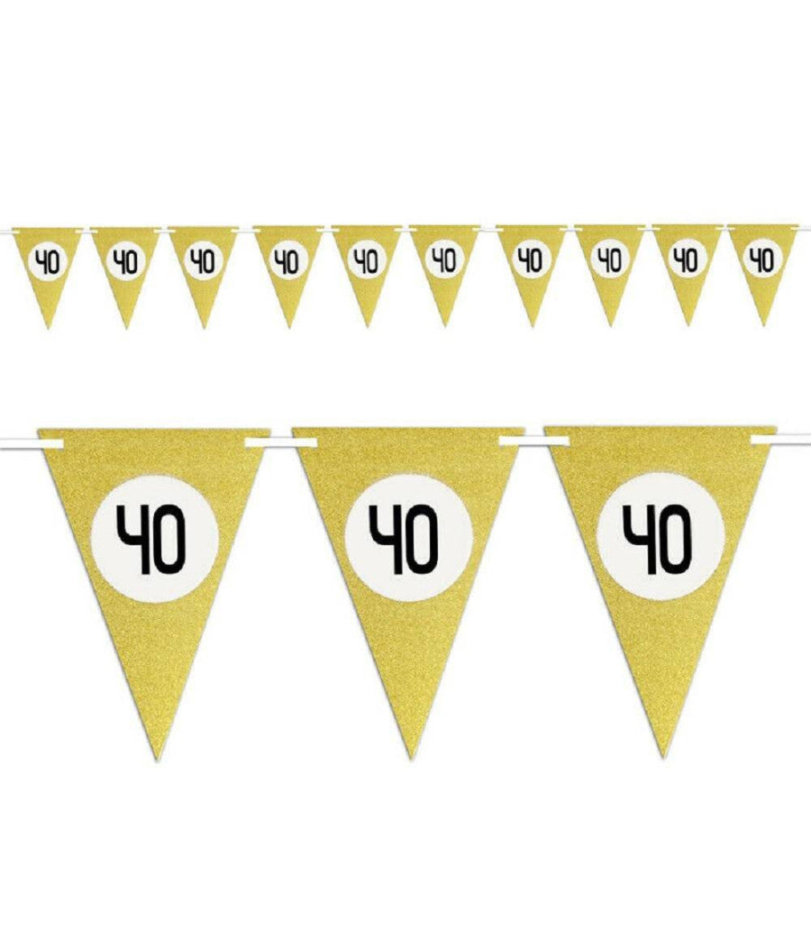 Bandierine Festa Compleanno Anniversari Set 10pz Triangolari Festone Oro 40 Anni         