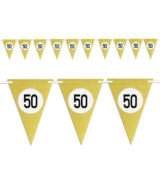 Bandierine Festa Compleanno Anniversari Set 10pz Triangolari Festone Oro 50 Anni         