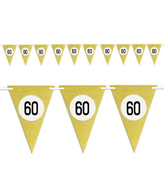 Bandierine Festa Compleanno Anniversari Set 10pz Triangolari Festone Oro 60 Anni         