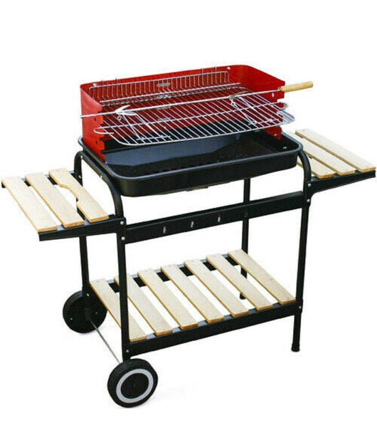 Barbecue Trolley A Carbonella In Metallo E Legno Bbq Braciere Portatile Ripiani         