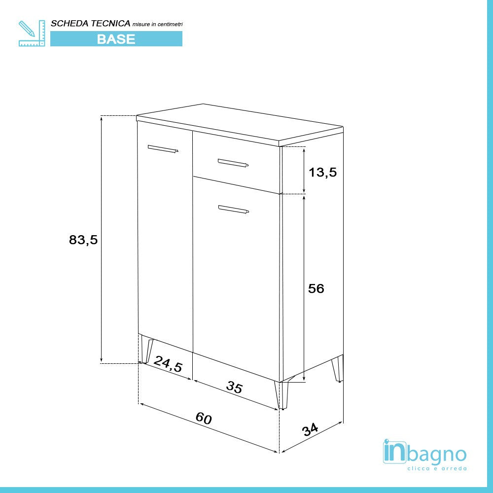 Base Doppia Bagno 2 Ante e Cassetto 60x35 cm Finitura Grigio