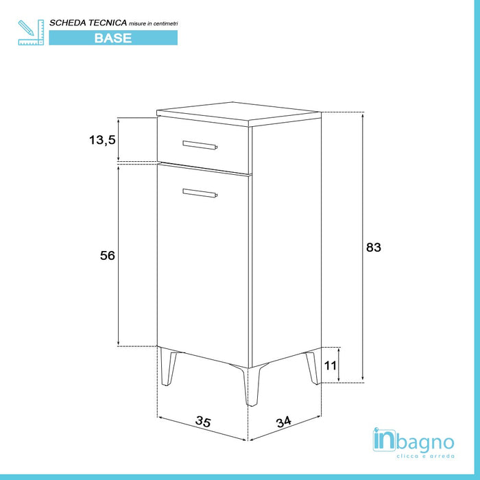 Base Singola Bagno Larice 1 Anta E Cassetto 35x83 cm con Anta Reversibile