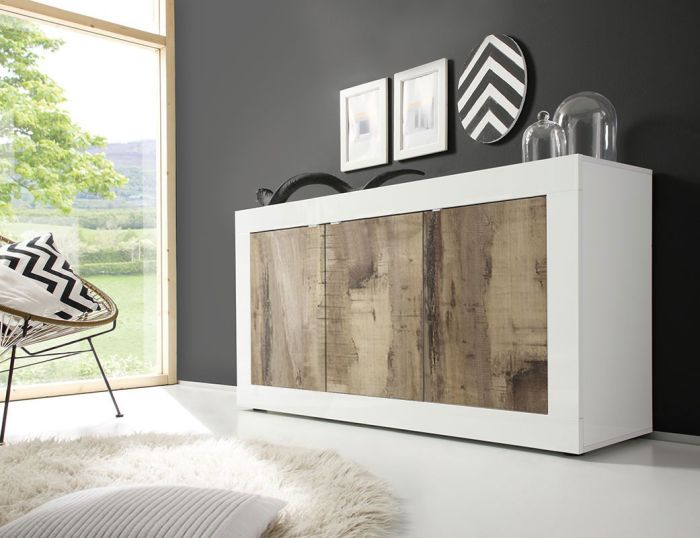 Credenza Moderna, con 3 ante Bianco lucido e Pero, ZLCBSC-MDP-BP3