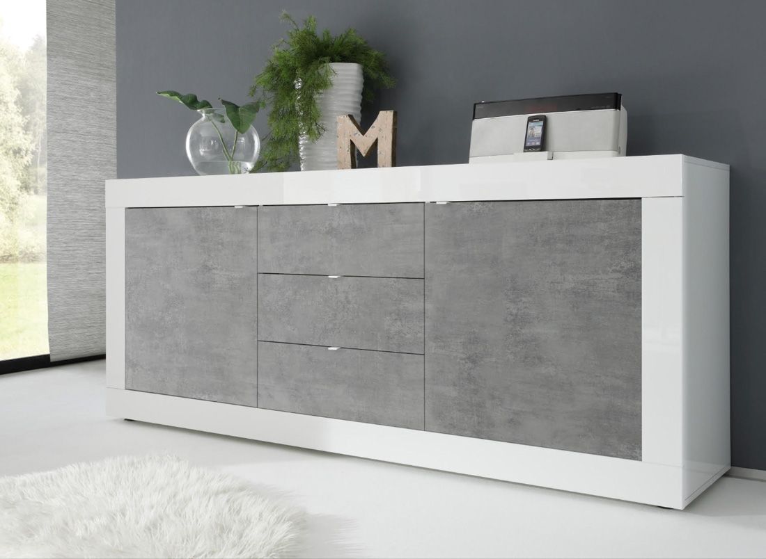 Credenza Moderna, Madia di Design, 2 ante e 3 cassetti, Bianco e Cemento, ZLCBSC-MDM-BC