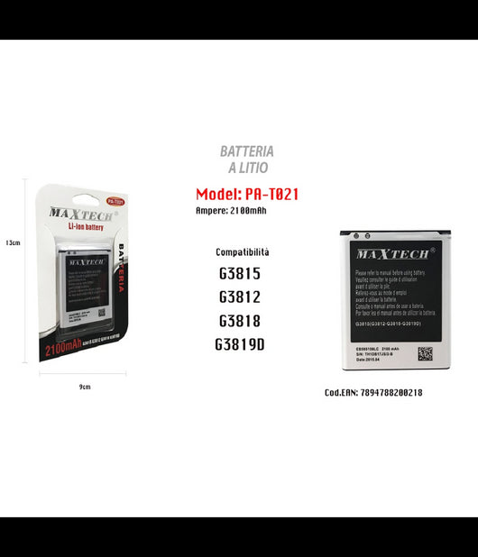 Batteria A Litio 2100mah Per Samsung Galaxy G3815 G3812 G3818 G3819d Maxtech Pa-t021         