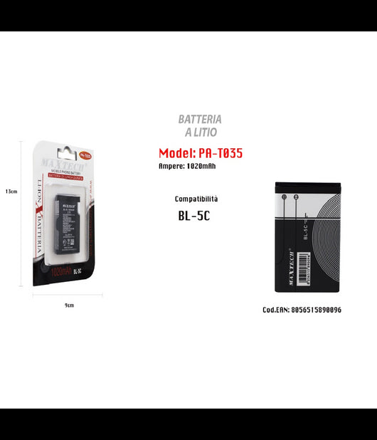 Batteria A Litio Compatibile Con Bl-5c Cellulare Smartphone Maxtech 1020mah Pa-t035         