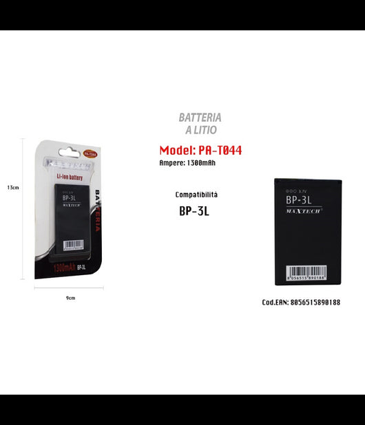 Batteria A Litio Compatibile Con Bp-3l 1300mah 3,7v Cellulare Maxtech Pa-t044         