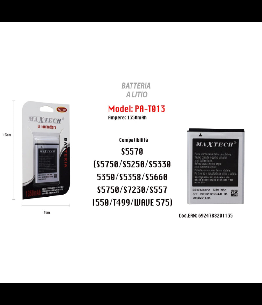 Batteria A Litio Compatibile S5570 Cellulare Smartphone 1350mah Maxtech Pa-t013         