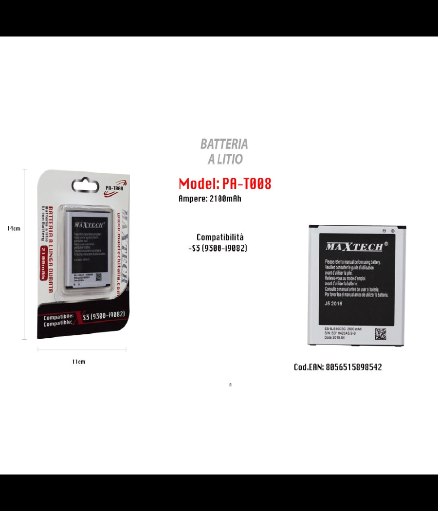 Batteria A Litio Per S3 Compatibile Cellulare Smartphone 2100 Mah Maxtech Pa-t008         