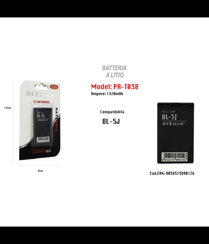 Batteria A Litio Ricambio 1320mah Compatibile Con Bl-5j Smartphone Maxtech Pa-t038         