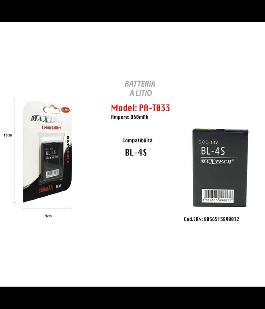 Batteria Compatibile Con Bl-4s 860 Mah Li-ion 3,7v Smartphone Maxtech Pa-t033         