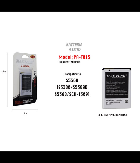 Batteria Compatibile S5360 Cellulare Smartphone A Litio 1300mah Maxtech Pa-t015         