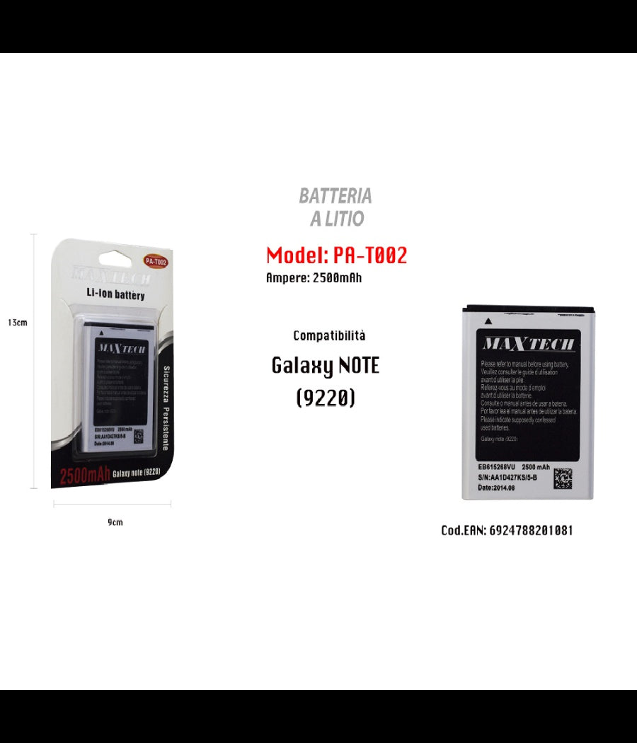 Batteria Galaxy Note A Litio Compatibile Cellulare Smartphone 2500mah Maxtech Pa-t002         