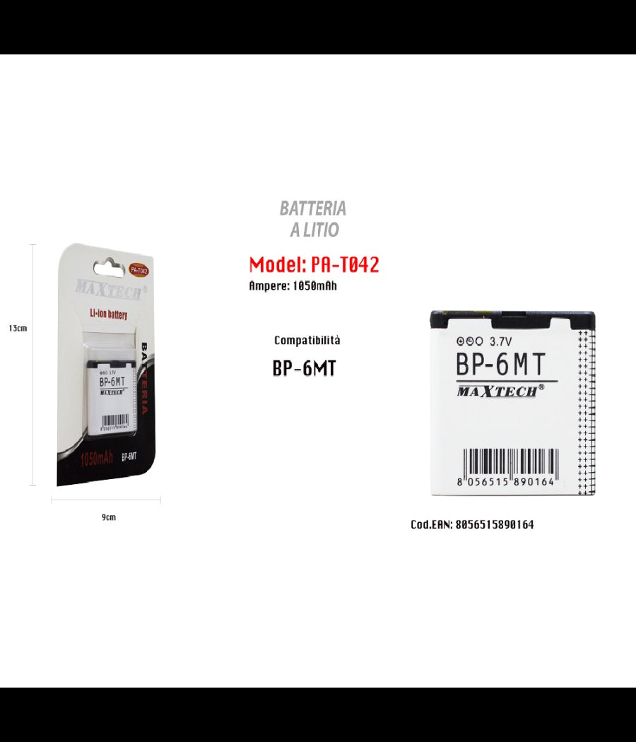 Batteria Li-ion 1050mah Compatibile Con Modello Bp-6mt 3.7v Ricambio Maxtech Pa-t042         