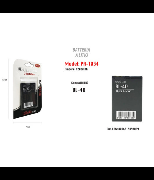 Batteria Litio Compatibile Per Bl-4d Smartphone 1200 Mah 3.7v Maxtech Pa-t034         