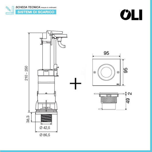 Batteria scarico wc completa Oli Deluxe per cassetta alta con tasto acciaio cromato