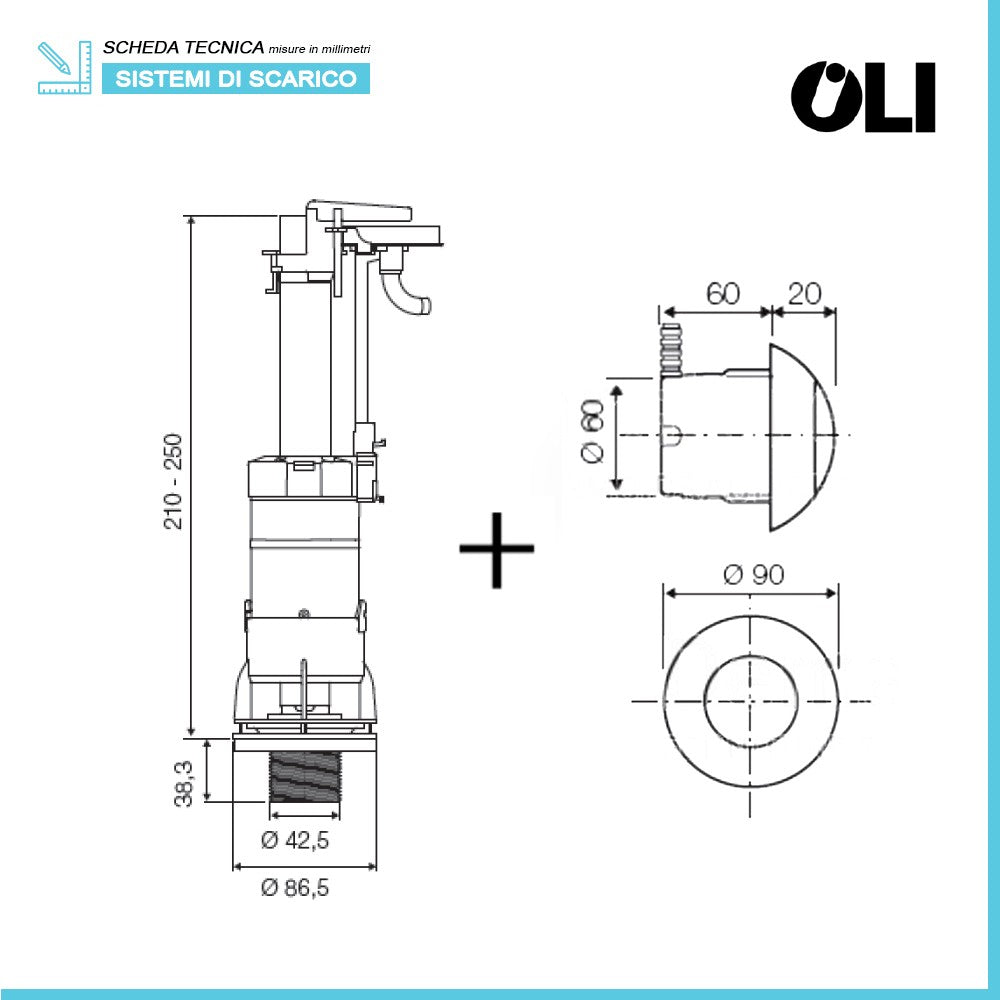 Batteria scarico wc completa Oli Deluxe per cassetta alta con tasto bianco