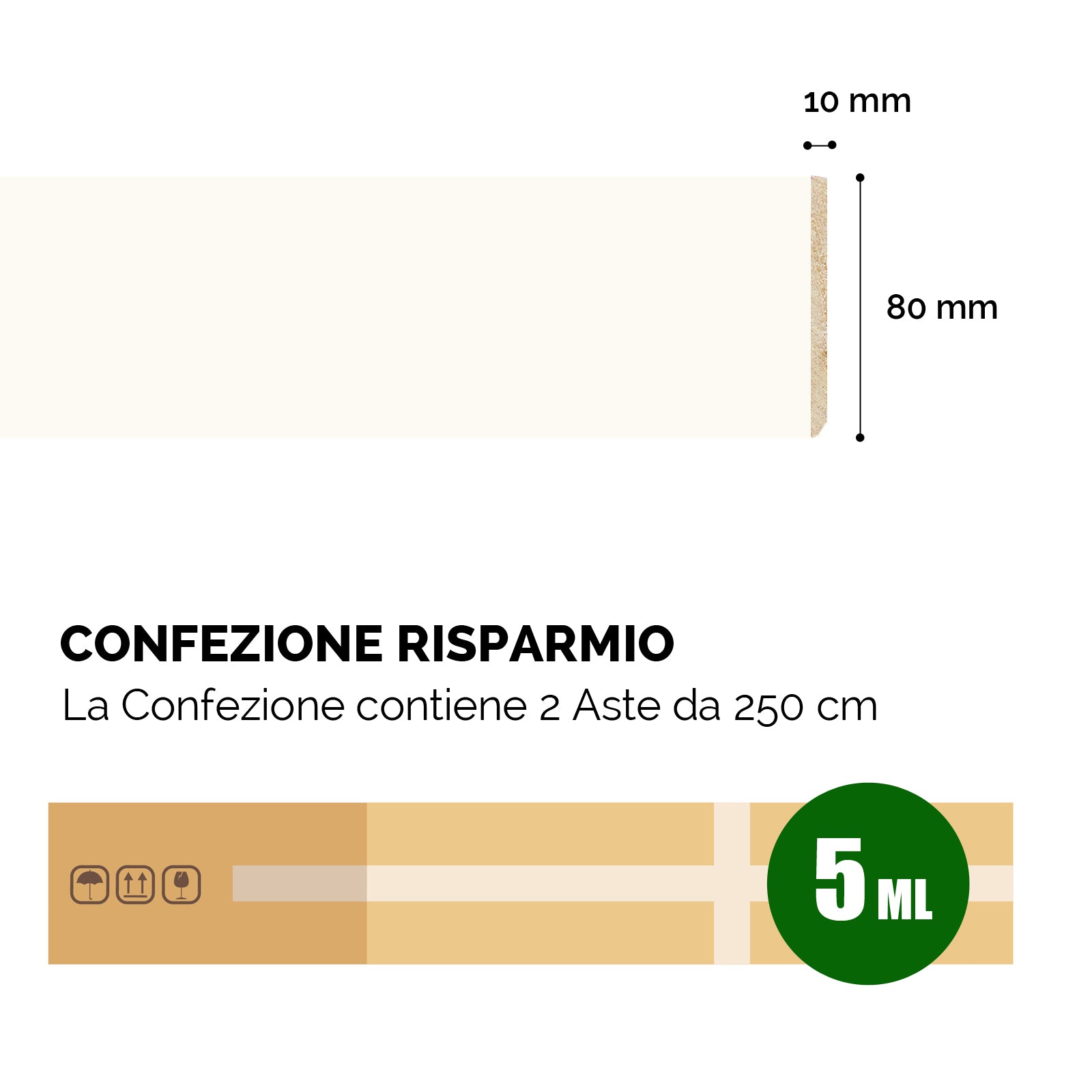 Battiscopa Legno Massello BIANCO Laccato RAL 9010 - 80 x 10 mm - Confezione 5 ML