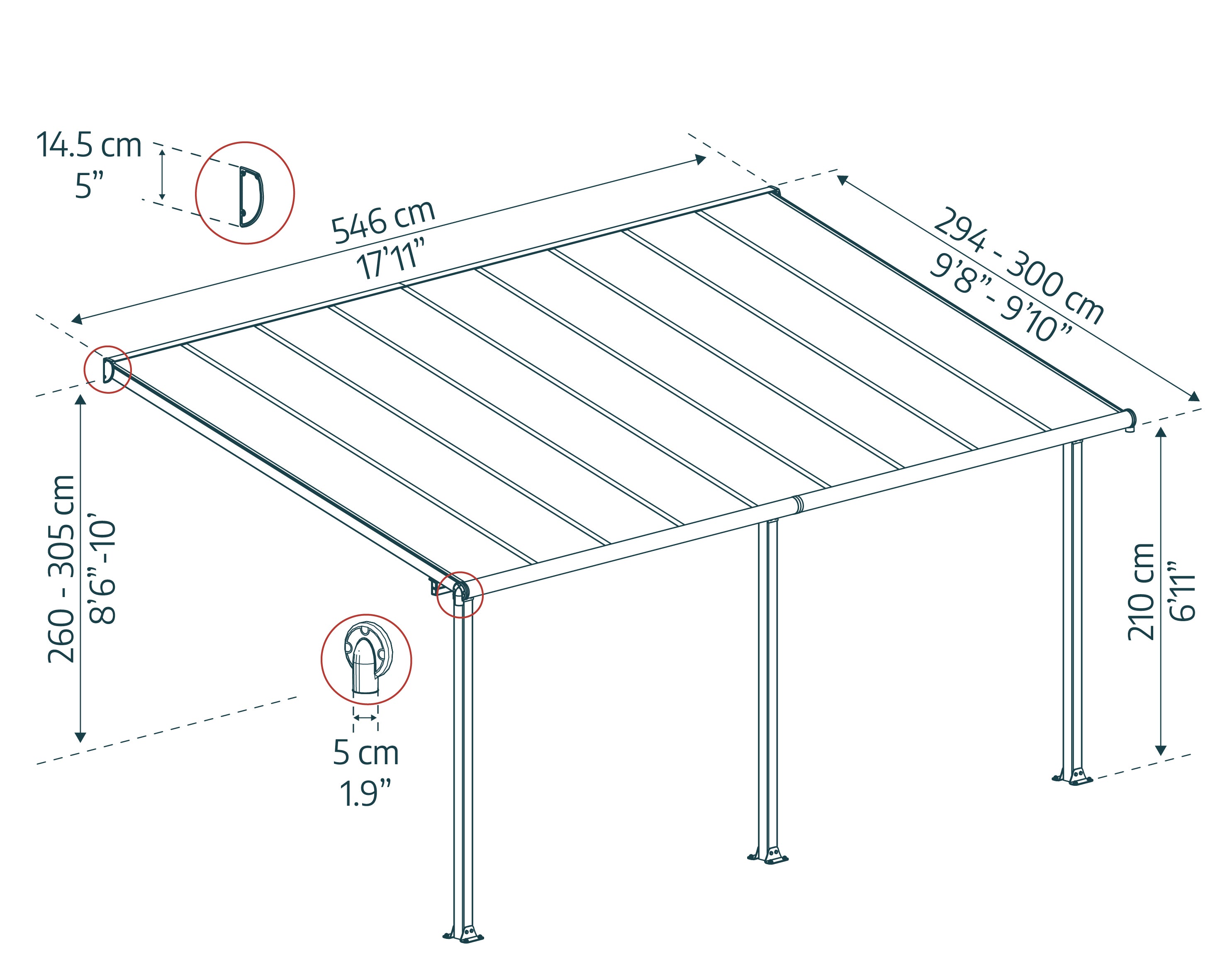 Pergola Addossata in Alluminio Olympia 3X5.5 m Grigio