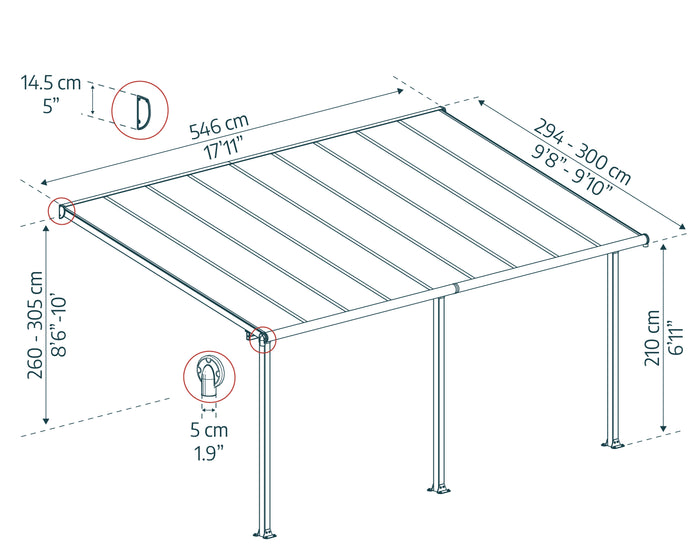 Pergola Addossata in Alluminio Olympia 3X5.5 m Grigio