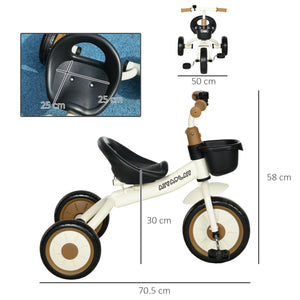 Triciclo per Bambini 70,5x50x58 cm con Seduta Regolabile e Campanello in Metallo Bianco