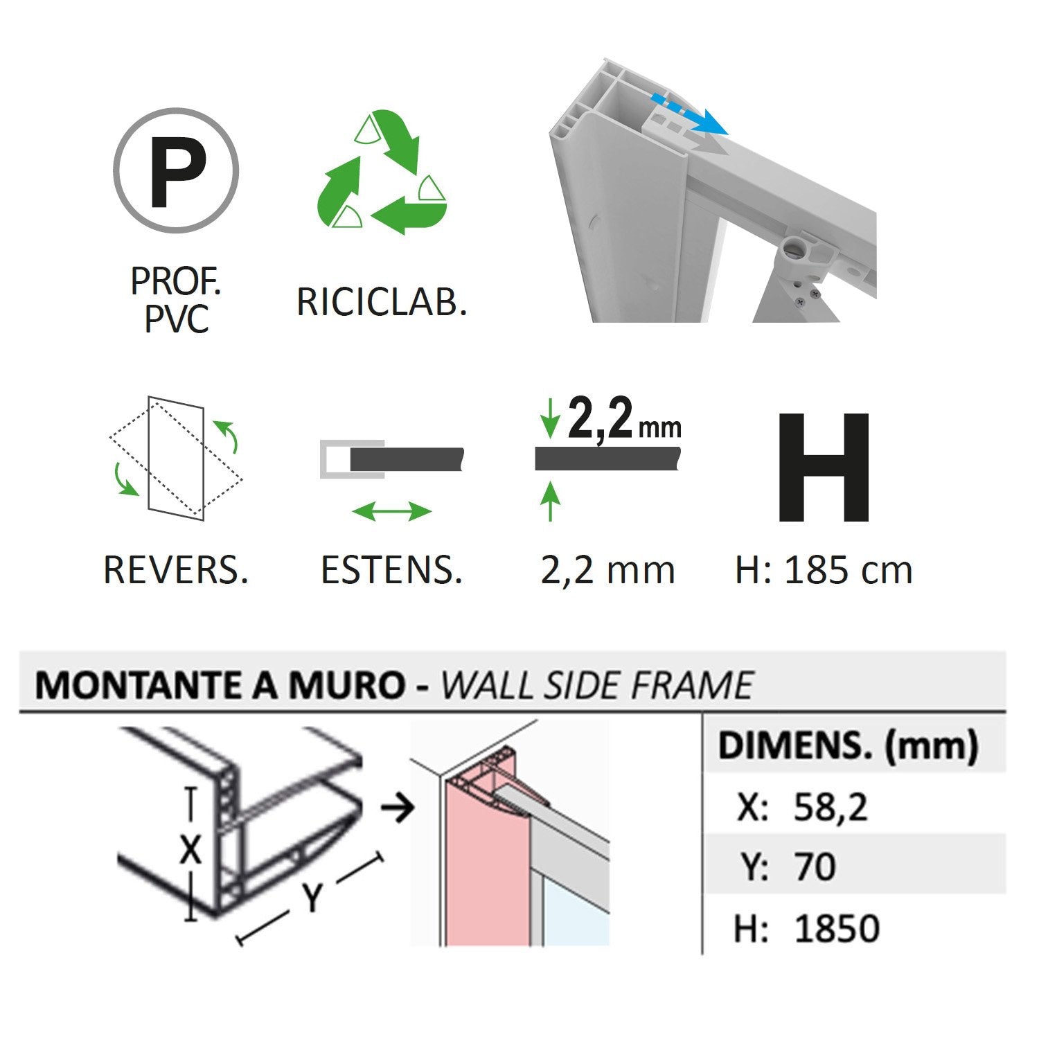 Parete doccia Walk-in Lato 110 CM H 185 in Acrilico mod. Beatrix Profilo