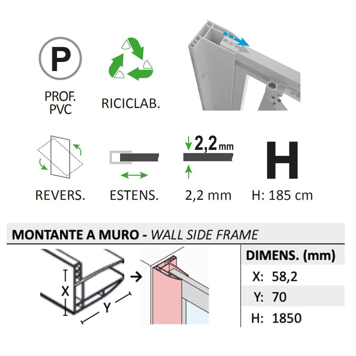 Parete doccia Walk-in Lato 80 CM H 185 in Acrilico mod. Beatrix Profilo