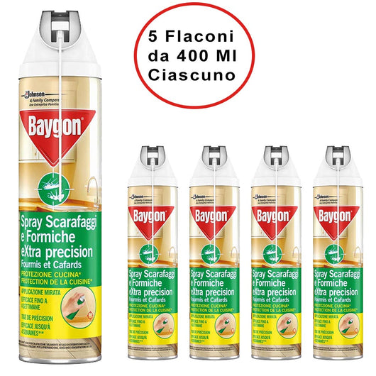 Baygon spray insetticida extra precision per formiche e scarafaggi 5 flaconi da 400 ml ciascuno