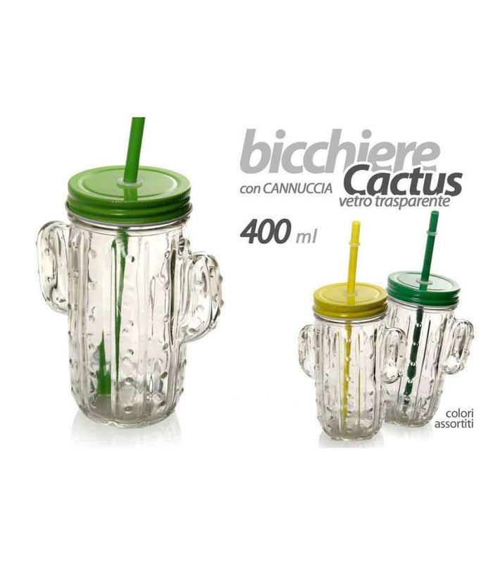 Bicchiere Con Cannuccia Coperchio Party Feste Forma Cactus In Vetro 400ml 738135         