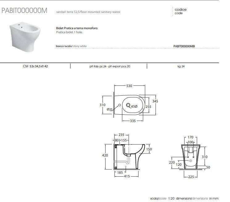 Bidet Filomuro Modello Pratika in Ceramica Bianca Lucida - Azzurra ceramica