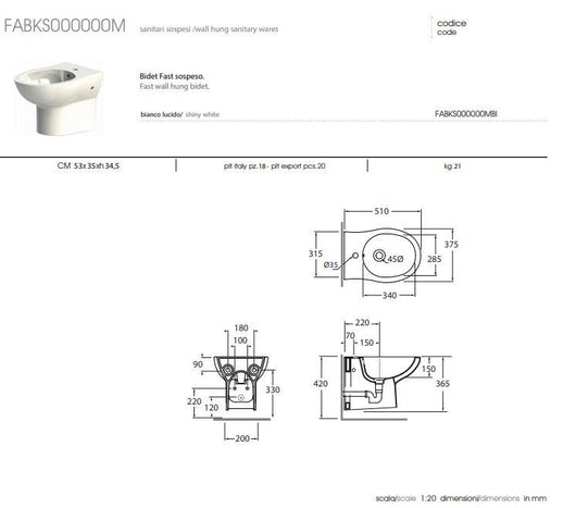 Bidet Sospeso Modello Fast in Ceramica Bianca Lucida - Azzurra ceramica