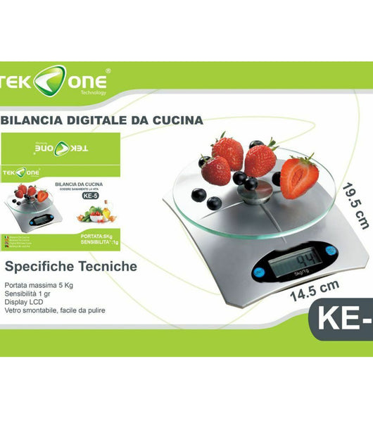 Bilancia Cucina Digitale Tekone Ke-5 5kg Alimenti Ripiano Vetro Precisione         