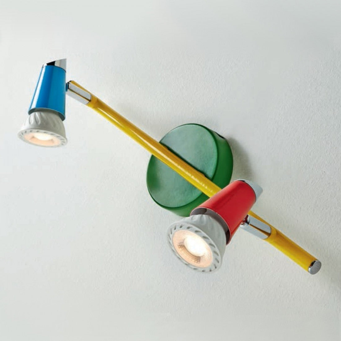 Binario illuminando kolor 2 gu10 led faretti colorato orientabile snodabile metallo verde rosso azzurro interno