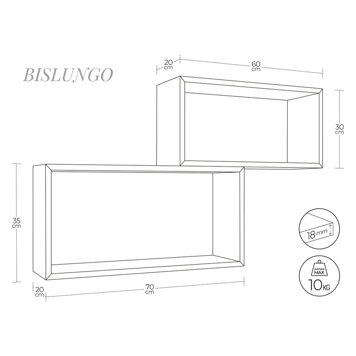 Set di 2 Mensole da Muro Modello BISLUNGO, Pensile Bagno, Mensola da Parete, Scaffale da Parete. Misure 70x35 p20 cm e 60x30 p20 cm. Finitura  ROV. SBIANCATO - MADE IN ITALY