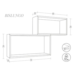 Set di 2 Mensole da Muro Modello BISLUNGO, Pensile Bagno, Mensola da Parete, Scaffale da Parete. Misure 70x35 p20 cm e 60x30 p20 cm. Finitura  ROV. SBIANCATO - MADE IN ITALY